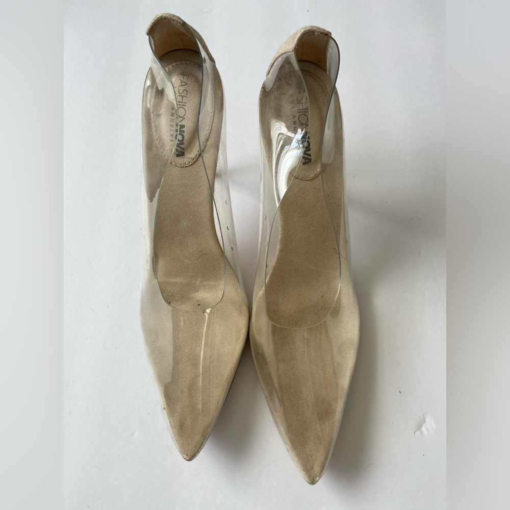 Clear shoes can be worn with any color. Gently used.